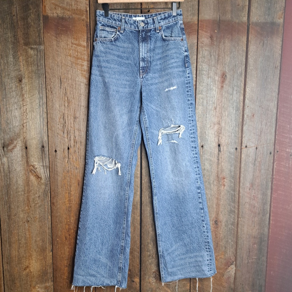 Normcore Mom Jeans Zara Wide Leg High Rise Distressed Jeans Women's 6 28 33